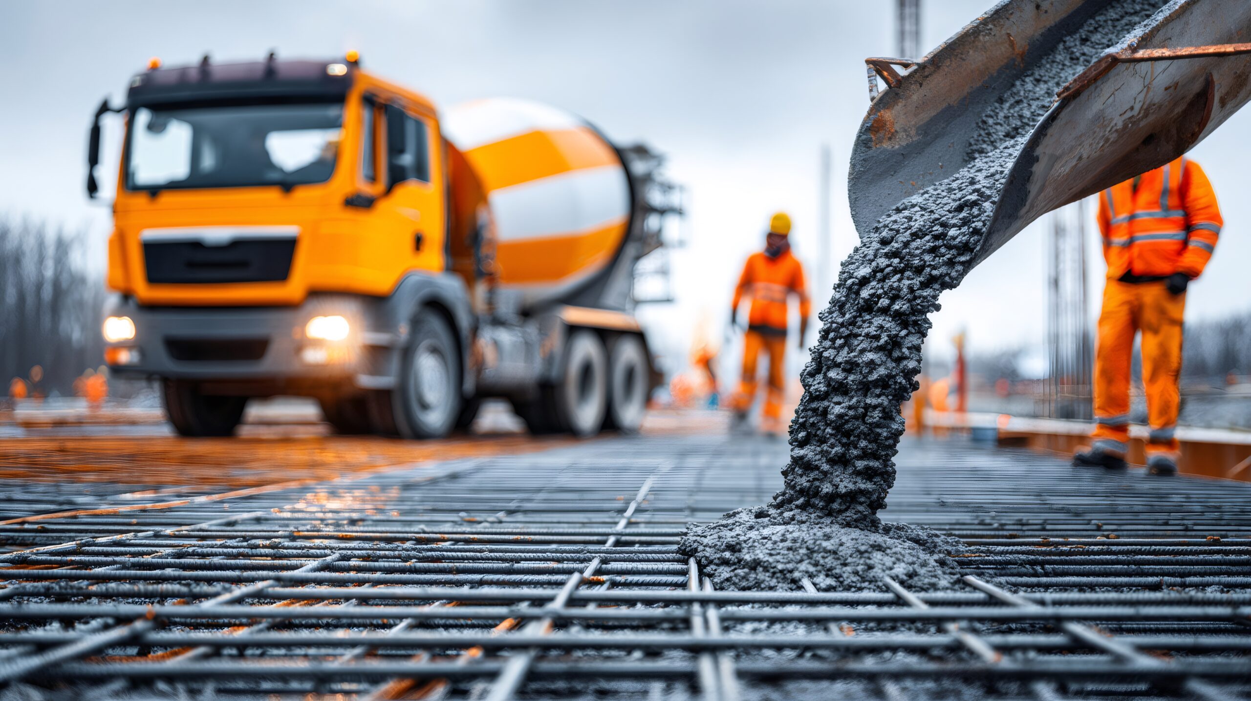 Concrete pouring from cement mixer truck onto rebar grid at construction site